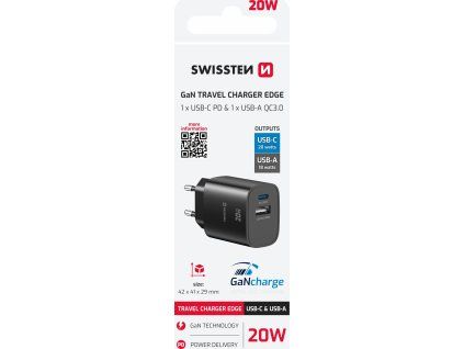 SWISSTEN SÍŤOVÝ ADAPTÉR EDGE GaN 1x USB-C PD 20W + 1x USB-A 18W QC ČERNÝ