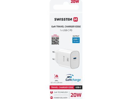 SWISSTEN SIEŤOVÝ ADAPTÉR EDGE GaN 1x USB-C PD 20W BIELÝ
