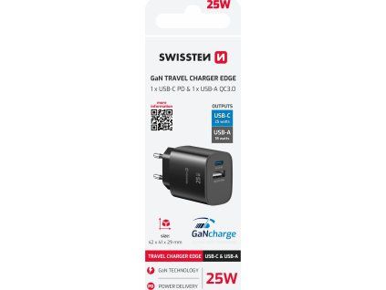 SWISSTEN SÍŤOVÝ ADAPTÉR EDGE GaN 1x USB-C PD 25W + 1x USB-A 18W QC ČERNÝ