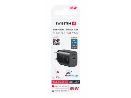 SWISSTEN SÍŤOVÝ ADAPTÉR EDGE GaN 1x USB-C PD 35W + 1x USB-A 18W QC ČERNÝ