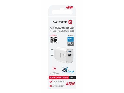SWISSTEN SÍŤOVÝ ADAPTÉR EDGE GaN 1x USB-C PD 45W + 1x USB-A 18W QC BÍLÝ