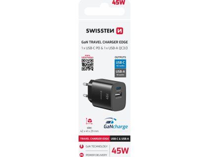 SWISSTEN SÍŤOVÝ ADAPTÉR EDGE GaN 1x USB-C PD 45W + 1x USB-A 18W QC ČERNÝ