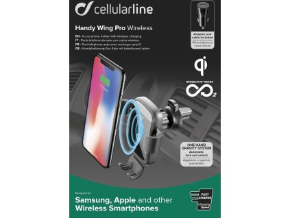 Univerzální držák do ventilace s funkcí bezdrátového nabíjení Cellularline Handy Wing Pro, černý