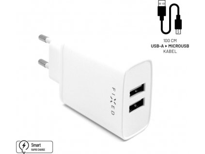 Set sieťovej nabíjačky FIXED s 2xUSB výstupom a USB/micro USB kábla, 1 meter, 15W Smart Rapid Charge, biela