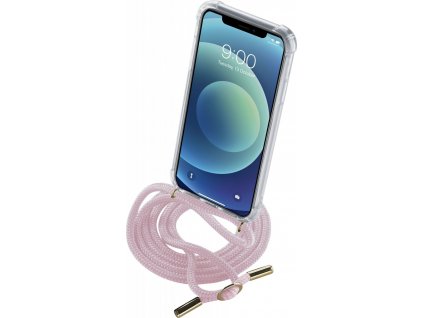 Transparentný zadný kryt Cellularline Neck-Case s ružovou šnúrkou na krk pre Apple iPhone 12 MINI