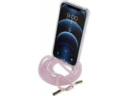 Transparentní zadní kryt Cellularline Neck-Case s růžovou šňůrkou na krk pro Apple iPhone 12 PRO