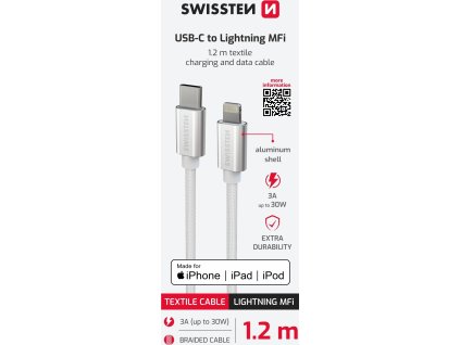 DÁTOVÝ KÁBEL SWISSTEN TEXTILE USB-C / LIGHTNING MFi 1,2 M STRIEBORNÝ