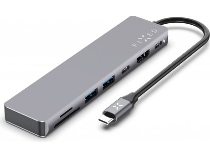 7-portový hliníkový USB-C FIXED HUB Card pre notebooky a tablety, sivý