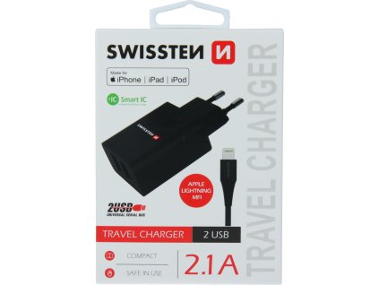 SWISSTEN SÍŤOVÝ ADAPTÉR SMART IC 2x USB 2,1A POWER + DATOVÝ KABEL USB / LIGHTNING MFi 1,2 M ČERNÝ