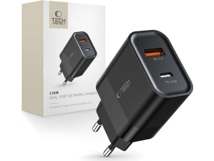 TECH-PROTECT C30W 2-PORT NETWORK CHARGER PD 30W / QC3.0 BLACK