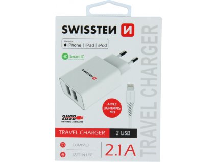 SWISSTEN SÍŤOVÝ ADAPTÉR SMART IC 2x USB 2,1A POWER + DATOVÝ KABEL USB / LIGHTNING MFi 1,2 M BÍLÝ