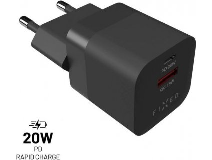 Síťová nabíječka FIXED Mini s USB-C a USB výstupem, podpora PD a QC 3.0, 20W, černý