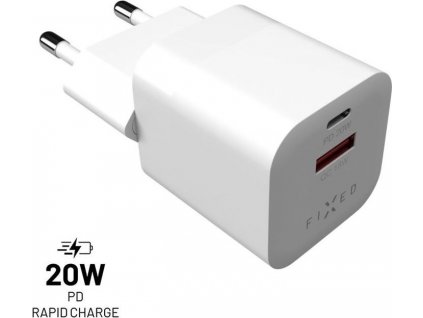 Síťová nabíječka FIXED Mini s USB-C a USB výstupem, podpora PD a QC 3.0, 20W, bílá