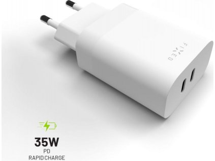 Síťová nabíječka FIXED s 2x USB-C výstupem, podpora PD, 35W, bílá