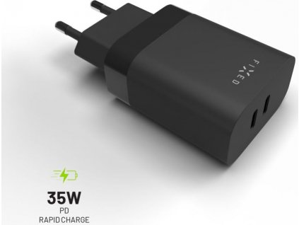 Sieťová nabíjačka FIXED s 2x USB-C výstupom, podpora PD, 35W, čierna