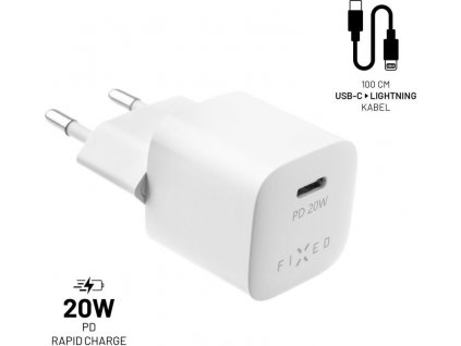 Set sieťovej nabíjačky FIXED Mini s USB-C výstupom a USB-C/Lightning kábla, podpora PD, 1 meter, MFI, 20W, biely