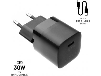 Set síťové nabíječky FIXED Mini s USB-C výstupem a USB-C/USB-C kabelu, podpora PD, 1 metr, 30W, černý