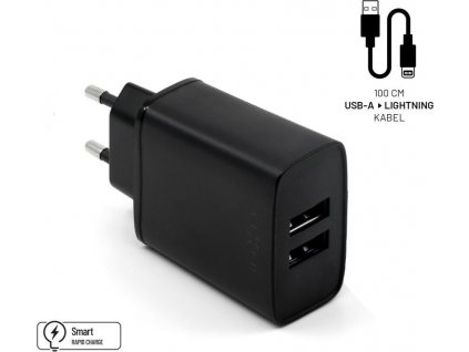 Set sieťovej nabíjačky FIXED s 2xUSB výstupom a USB/Lightning kábla, 1m, MFI certifikácia, 15W Smart Rapid Charge, čierna