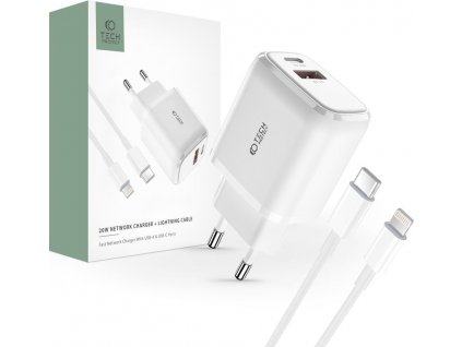 Nabíjecí sada TECH-PROTECT C20W 2-PORT NETWORK CHARGER PD20W/QC3.0 + LIGHTNING CABLE WHITE