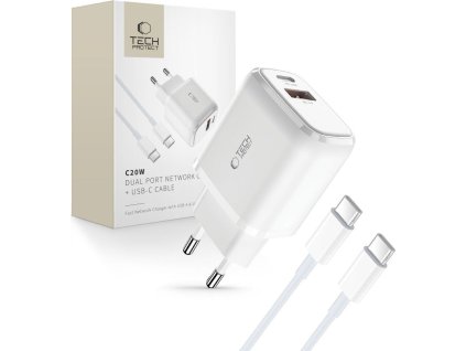 TECH-PROTECT C20W 2-PORT NETWORK CHARGER PD 20W / QC3.0 + TYPE-C CABLE WHITE