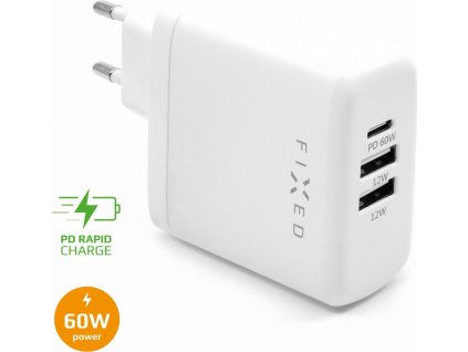 Síťová nabíječka FIXED s USB-C a 2xUSB výstupem, podpora PD, 60W, bílá