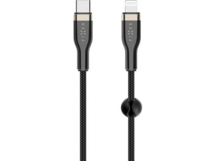 Dlhý nabíjací a dátový opletený kábel FIXED s konektormi USB-C/Lightning a podporou PD, 2m, MFI, čierny