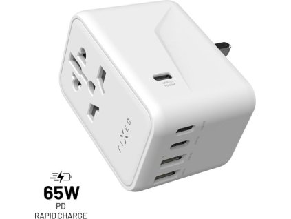 Cestovní adaptér FIXED Voyager 65 W pro EU, UK a USA/AUS, s 3xUSB-C a 2xUSB výstupem, GaN, PD 65W, bílý