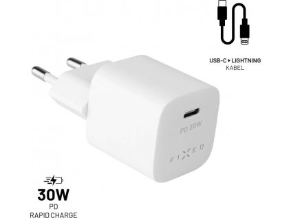 Set síťové nabíječky FIXED Mini s USB-C výstupem a USB-C/Lightning kabelu, podpora PD, 1.2 metr, MFI, 30W, bílý