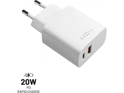 Síťová nabíječka FIXED s USB-C a USB výstupem, podpora PD a QC 3.0, 20W, bílá