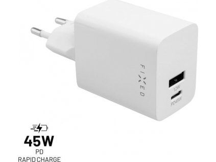 Síťová nabíječka FIXED Mini s USB-C a USB výstupem, podpora PD, 45W, bílá