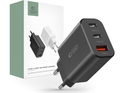 TECH-PROTECT C30W 3-PORT SÍŤOVÁ NABÍJEČKA PD30W/QC3.0 BLACK