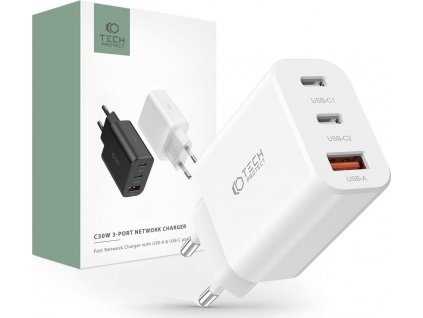 TECH-PROTECT C30W 3-PORT SÍŤOVÁ NABÍJEČKA PD30W/QC3.0 BÍLÁ