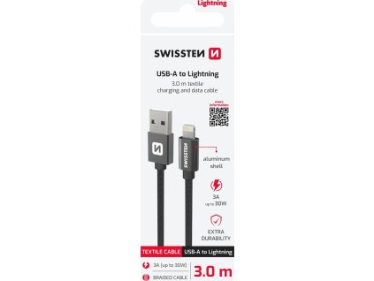 DÁTOVÝ KÁBEL SWISSTEN TEXTILE USB / LIGHTNING 3,0 M ČIERNY