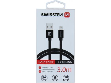 DATOVÝ KABEL SWISSTEN TEXTILE USB / LIGHTNING 3,0 M ČERNÝ