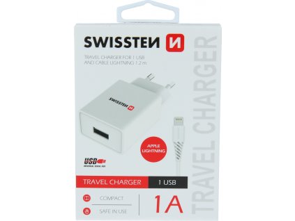 SWISSTEN SIEŤOVÝ ADAPTÉR SMART IC 1x USB 1A POWER + DÁTOVÝ KÁBEL USB / LIGHTNING 1,2 M BIELÝ