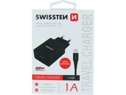 SWISSTEN SÍŤOVÝ ADAPTÉR SMART IC 1x USB 1A POWER + DATOVÝ KABEL USB / LIGHTNING 1,2 M ČERNÝ