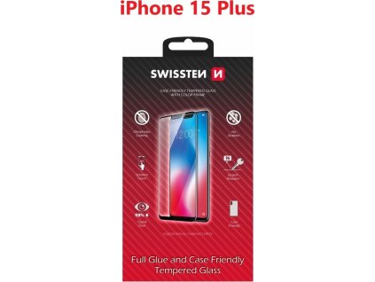 SKLO SWISSTEN FULL GLUE, COLOR FRAME, CASE FRIENDLY PRO APPLE IPHONE 15 PLUS ČERNÉ