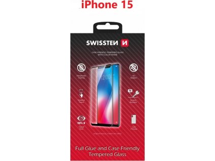 SKLO SWISSTEN FULL GLUE, COLOR FRAME, CASE FRIENDLY PRE APPLE IPHONE 15 ČIERNE