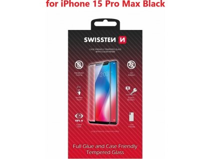 SKLO SWISSTEN FULL GLUE, COLOR FRAME, CASE FRIENDLY PRE APPLE IPHONE 15 PRO MAX ČIERNE