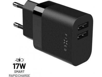 Síťová nabíječka FIXED s 2xUSB výstupem, 17W Smart Rapid Charge, černá