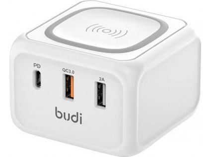 Indukčná nabíjačka 10W Budi 317TE, 2x USB + USB-C, 18W (biela)