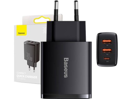 Nabíječka Baseus Compact Quick Charger, 2xUSB, USB-C, PD, 3A, 30W (czarna)