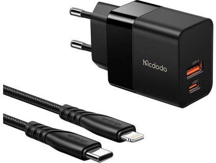 Nástěnná rychlonabíječka Mcdodo CH-1952 USB + USB-C, 20W + kabel USB-C na Lightning (černá)