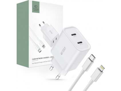 TECH-PROTECT C20W 2-PORT NETWORK CHARGER PD20W + LIGHTNING CABLE WHITE