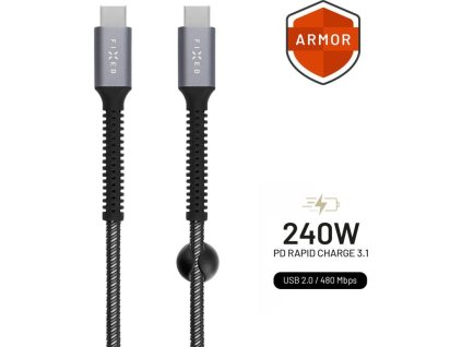 Nabíjecí a datový odolný kabel FIXED Armor s konektory USB-C/USB-C a podporou PD, 1.2 m, USB 2.0, 240W, šedý