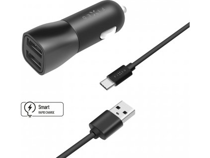 Set autonabíječky FIXED s 2xUSB výstupem a USB/USB-C kabelu, 1 metr, 15W Smart Rapid Charge, černá