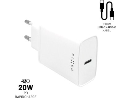 Set síťové nabíječky FIXED s USB-C výstupem a USB-C/USB-C kabelu, podpora PD, 1 metr, 20W, bílý