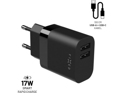 Set sieťovej nabíjačky FIXED s 2xUSB výstupom a USB/USB-C kábla, 1 meter, 17W Smart Rapid Charge, čierna