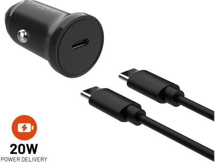 Set autonabíječky FIXED s USB-C výstupem a USB-C/USB-C kabelu, podpora PD, 1 metr, 20W, černá