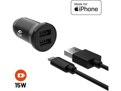 Set autonabíjačky FIXED s 2xUSB výstupom a USB/Lightning kábla, 1 meter, MFi certifikácia, 15W Smart Rapid Charge, čierna